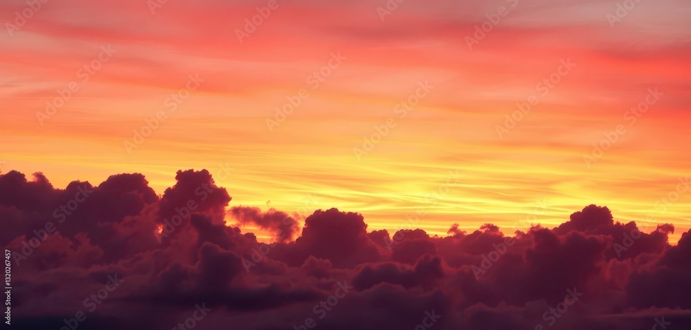 Vibrant sunset hues paint the twilight sky, clouds glowing with warm colors, majestic, sky