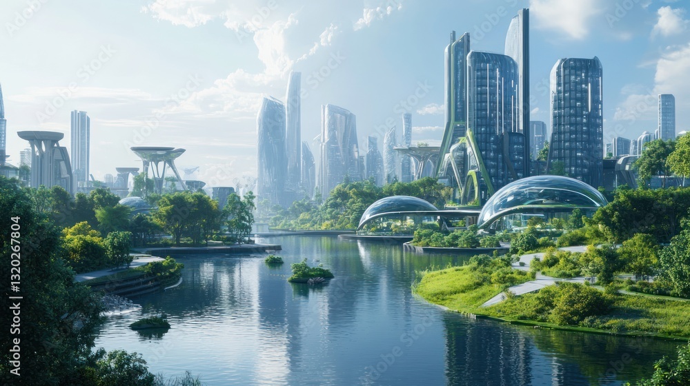 Naklejka premium Futuristic cityscape with a serene river and lush greenery