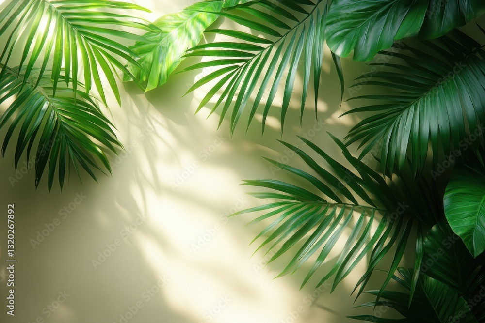 Fototapeta premium Minimalist White Background with Palm Leaf Shadows for Product Showcase and Presentation in a Grey Studio