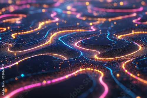 Abstract digital landscape with flowing neon lights in blue, pink, and orange tones, creating a mesmerizing and futuristic atmosphere.