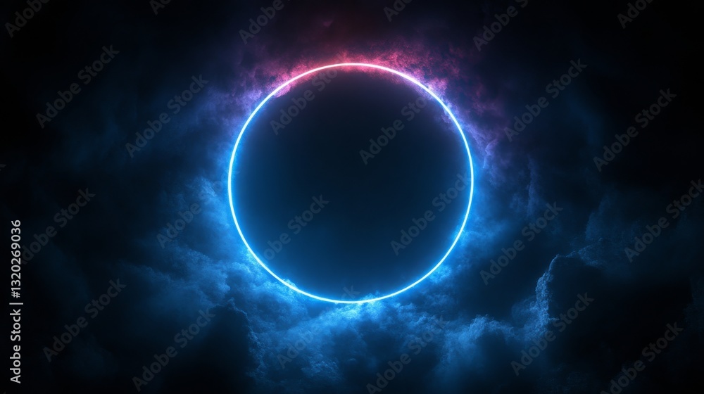 Glowing Blue Circle Surrounded By Clouds Against Black Background Glowing Blue Circle Surrounded By Clouds Against Black Background