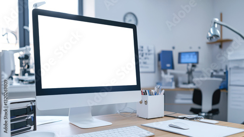 A stylish computer monitor with a white screen stands on a wooden table in a clean, organized office. A mockup of a personal computer monitor in a medical laboratory
