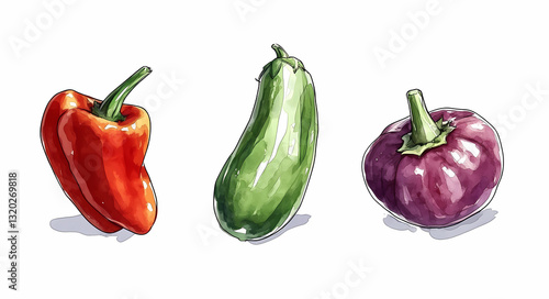 Vibrant Vegetable Trio: A colorful assortment of fresh bell pepper, eggplant, and zucchini, arranged in a visually captivating watercolor illustration.