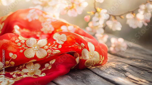 Vibrant red silk scarf with golden embroidery, symbolizing youth and vitality, set against a warm spring backdrop.
