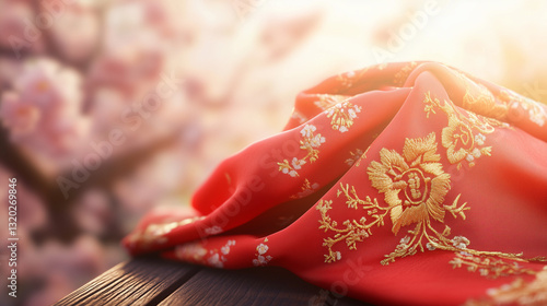 Vibrant red silk scarf with golden embroidery, symbolizing youth and vitality, set against a warm spring backdrop.