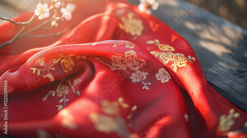 Vibrant red silk scarf with golden embroidery, symbolizing youth and vitality, set against a warm spring backdrop.