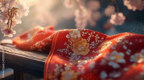 Vibrant red silk scarf with golden embroidery, symbolizing youth and vitality, set against a warm spring backdrop.