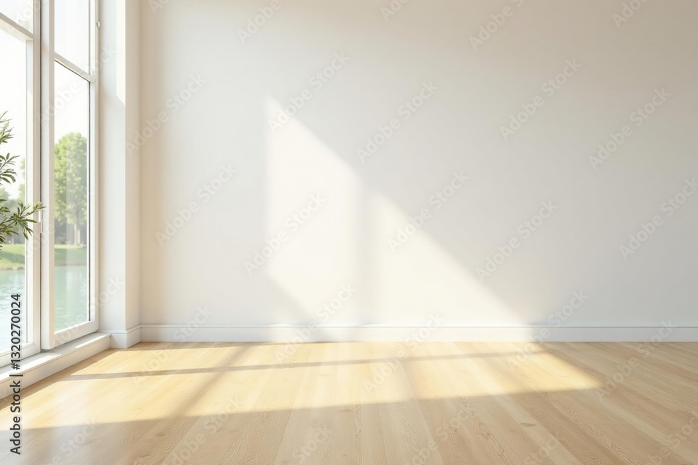 Fototapeta premium Bright, spacious room; light oak floor, large white wall , background, white background, empty