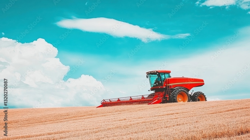 Fototapeta premium Red Tractor in a Golden Field Under a Bright Blue Sky