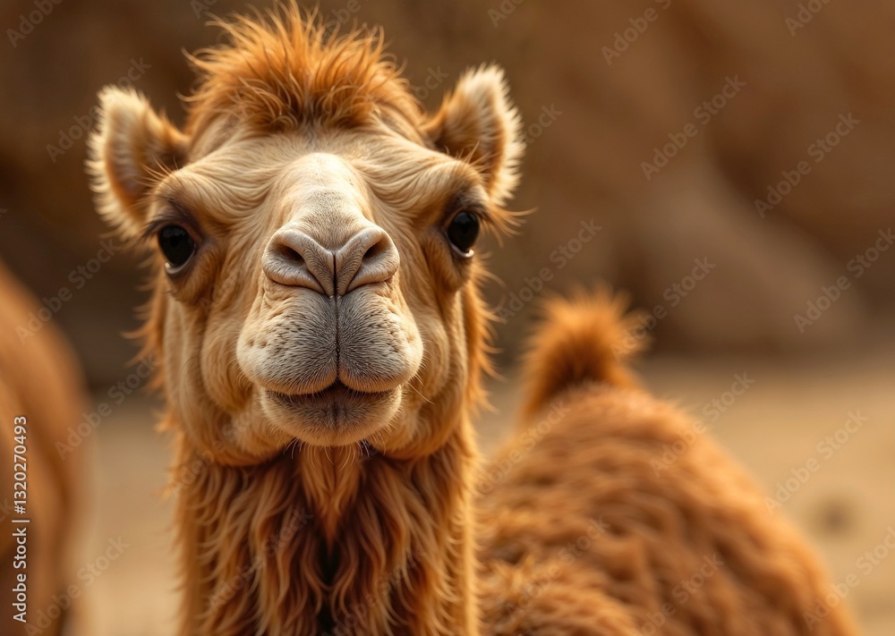 Obraz premium Close-up portrait of a camel with expressive eyes and soft fur in a desert background