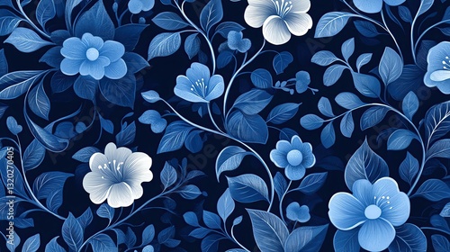 Elegant blue floral pattern on dark background.