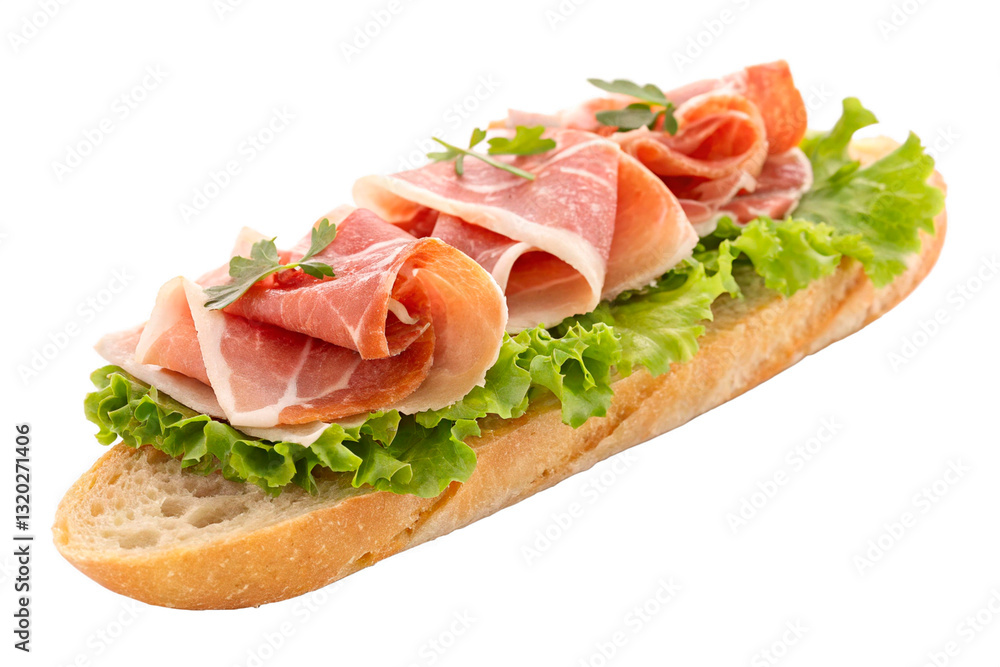 Prosciutto slices on a baguette with fresh lettuce, presented on a white background - generated by ai Prosciutto slices on a baguette with fresh lettuce, presented on a white background - generated by ai