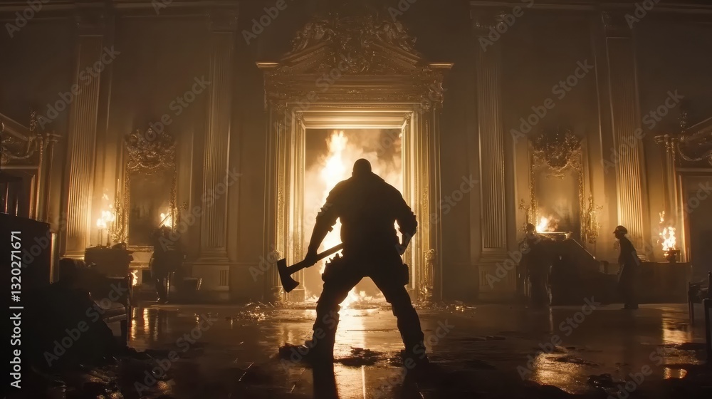 Silhouette of a Powerful Man with an Axe in a Burning Building Silhouette of a Powerful Man with an Axe in a Burning Building