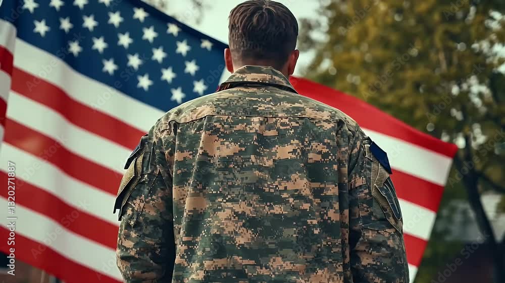 Rear View Of Soldier In Camouflage Uniform Standing In Front Of American Flag With Stars And Stripes On A Day With Green Trees In The Blurred Background Rear View Of Soldier In Camouflage Uniform Standing In Front Of American Flag With Stars And Stripes On A Day With Green Trees In The Blurred Background