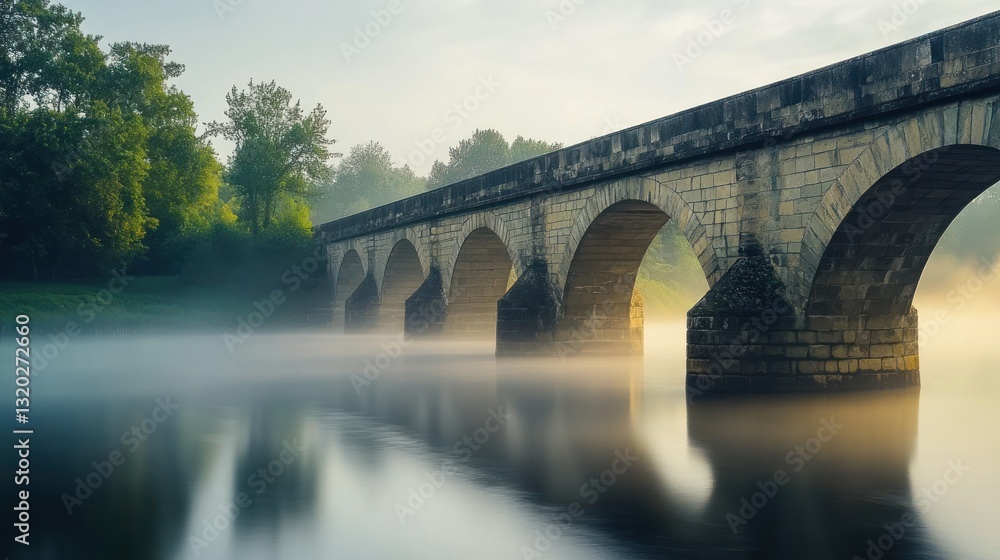 Ancient stone arch bridge over a misty river at dawn. Lush greenery on the banks Ancient stone arch bridge over a misty river at dawn. Lush greenery on the banks