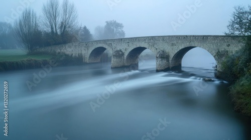 Misty morning over a stone arch bridge spanning a river.  Tranquil landscape with soft light and flowing water photo