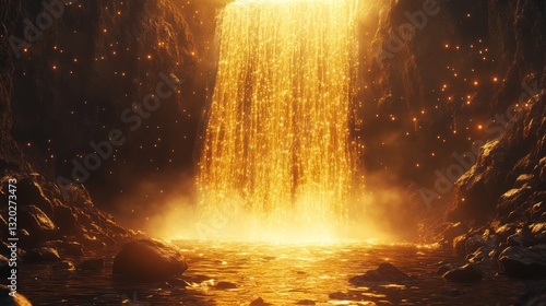 Golden waterfall cascading in a mystical cave.  Sunlight illuminates the magical scene