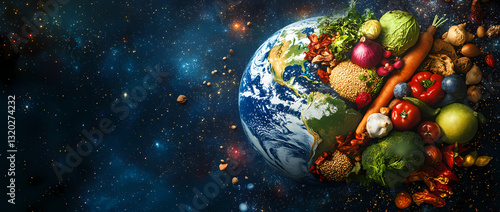 Earth's Edible Bounty: An artistic representation of the Earth, half filled with fresh, vibrant produce against the backdrop of a stellar galaxy.