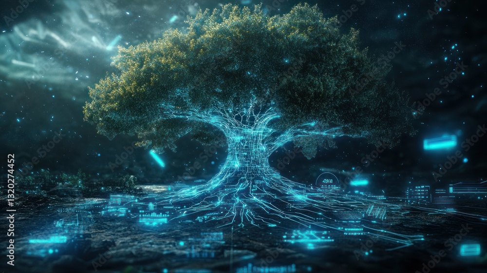 Fototapeta premium Mystical, digital tree of life, intertwining nature and technology. Glowing roots, futuristic interface