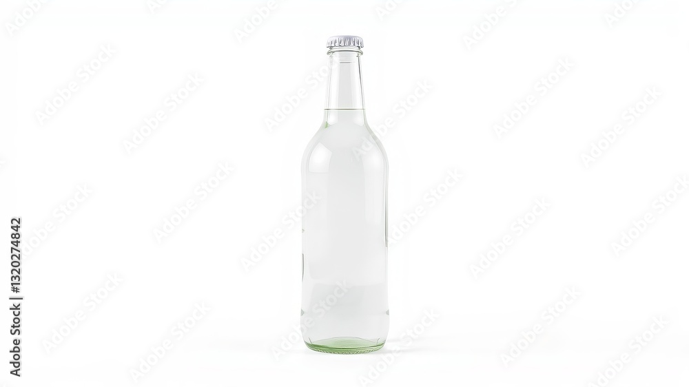 Clear bottle of water with reflections and drops on the surface against a neutral background Clear bottle of water with reflections and drops on the surface against a neutral background