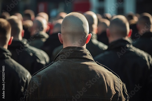 Back view of a group of individuals with shaved heads in military-style jackets in a crowd setting