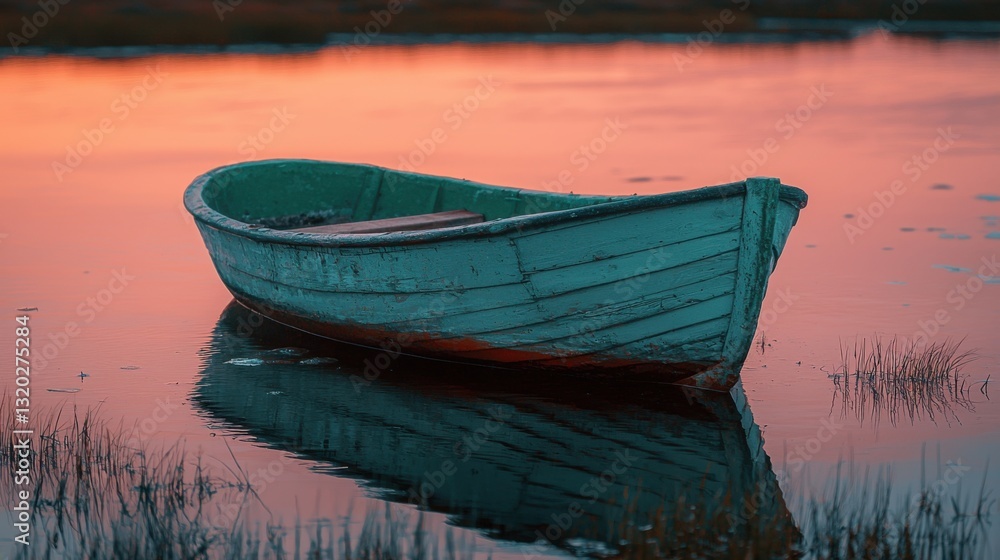 Obraz premium Tranquil boat floating on still water surrounded by natural beauty representing a serene experience
