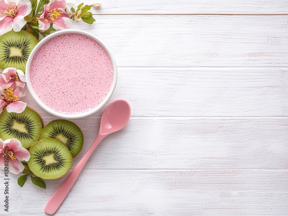 A bowl of pink smoothie surrounded by kiwi slices and pink flowers on a wooden table. A bowl of pink smoothie surrounded by kiwi slices and pink flowers on a wooden table.
