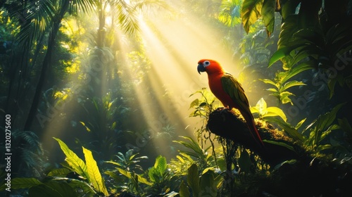Parrot perched in a sunlit jungle