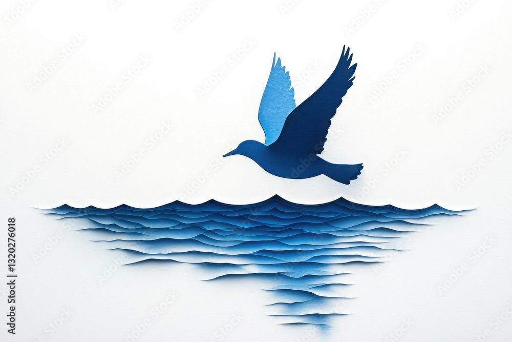 Obraz premium A stylized blue bird in flight over layered paper cut waves, creating a serene and artistic depiction of nature in minimalist design.
