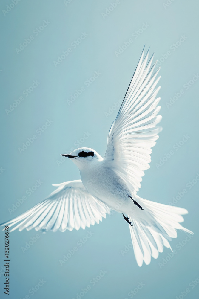 Obraz premium A graceful white bird with outstretched wings soars elegantly against a clear blue sky, symbolizing freedom and peace.