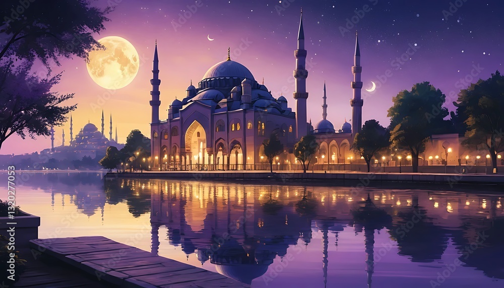 Naklejka premium Serene Night Mosque by the River with Crescent Moon. Generative Ai