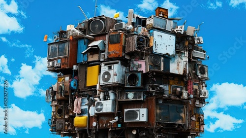 Cluster of Old Air Conditioners Against Clear Blue Sky