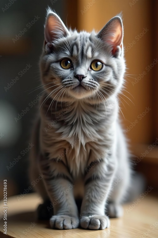 Grey cat standing on table with playful expression, indoor, domestic, young Grey cat standing on table with playful expression, indoor, domestic, young