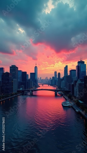 Dramatic cityscape, East River, lower Manhattan , bridge, New York City
