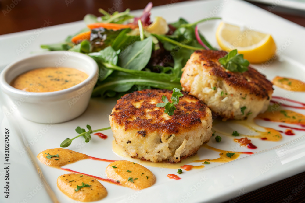 Elegant Maryland Style Crab Cakes with Fresh Greens and Lemon Wedge on White Plate Elegant Maryland Style Crab Cakes with Fresh Greens and Lemon Wedge on White Plate