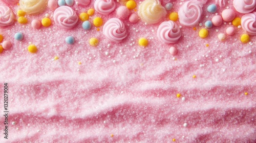 colorful topping on the pink icing sugar texture background photo