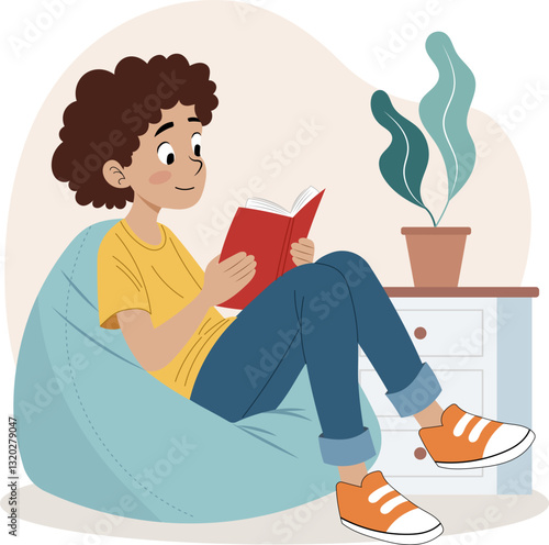 Illustration of a boy sitting comfortably on a bean bag chair while reading a book. His pose is relaxed and focused.