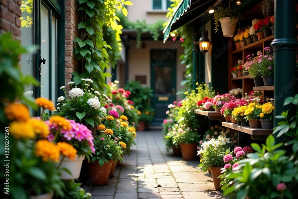 Fototapeta premium Lush green plants and vibrant blooms in quaint urban flower shop, plants, shop