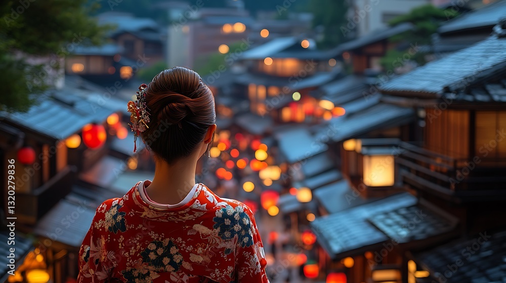 Woman in kimono overlooking illuminated Japanese town at dusk. Woman in kimono overlooking illuminated Japanese town at dusk.