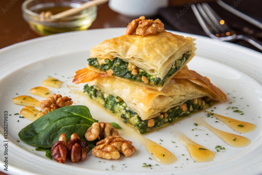 Luxurious Presentation of Spanakopita with Spinach and Walnuts on Elegant Plate Luxurious Presentation of Spanakopita with Spinach and Walnuts on Elegant Plate