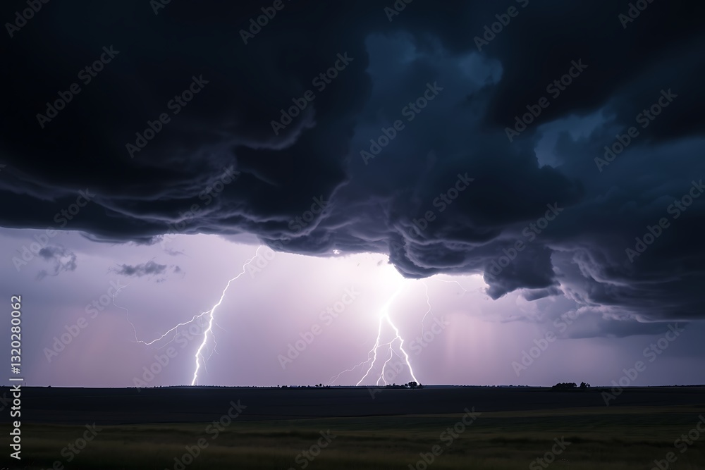 Obraz premium Powerful Lightning Strikes From Dark Storm Clouds Over A Flat Plain As Seen From A Distance