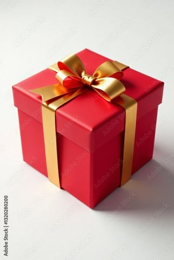 Obraz premium Elegant red gift box with golden ribbon and bow on white background, gift, white