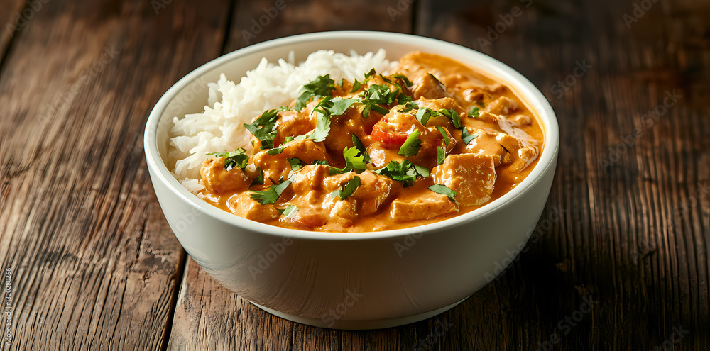 Flavorful Fusion: A tantalizing bowl of chicken curry and fluffy rice is presented on a wooden table, inviting viewers to savor the rich aromas and the delightful textures. Flavorful Fusion: A tantalizing bowl of chicken curry and fluffy rice is presented on a wooden table, inviting viewers to savor the rich aromas and the delightful textures.
