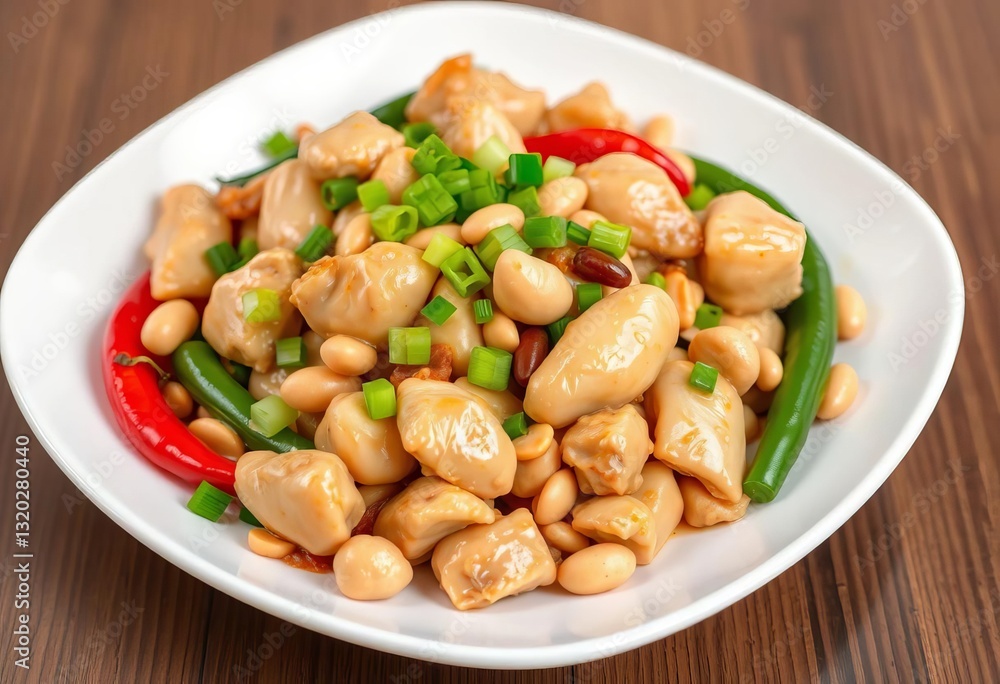 Tender chicken, crunchy peanuts, vibrant chili peppers, fresh green onions on a white plate, tasty, dinner Tender chicken, crunchy peanuts, vibrant chili peppers, fresh green onions on a white plate, tasty, dinner