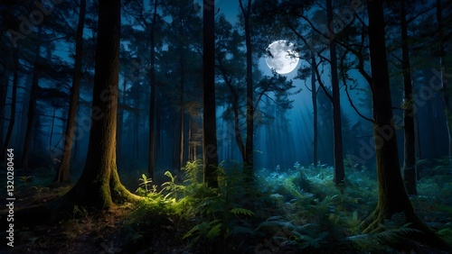 Mystical Moonlight Illuminating Through Dark Woods with Forest Ferns