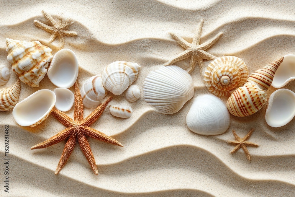 seashells and starfish on sandy beach natural light vacation summer marine nature seashells and starfish on sandy beach natural light vacation summer marine nature