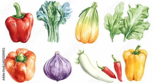 Vibrant Vegetable Variety: An illustrated assortment of fresh, colorful vegetables, from bell peppers to leafy greens, creating a visually appealing composition for culinary and healthy eating themes.