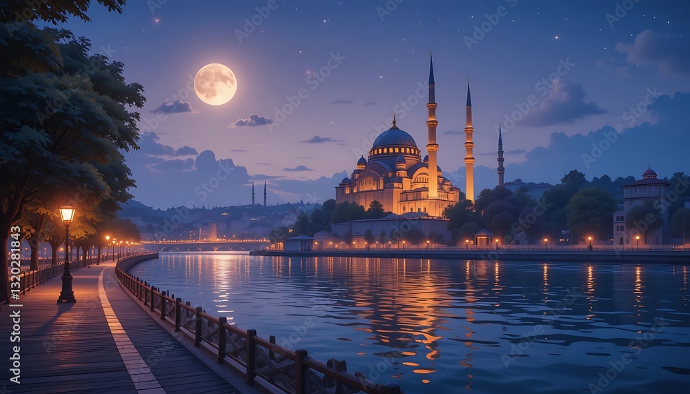 Obraz premium Serene Mosque by Moonlight on the Riverbank. Generative Ai