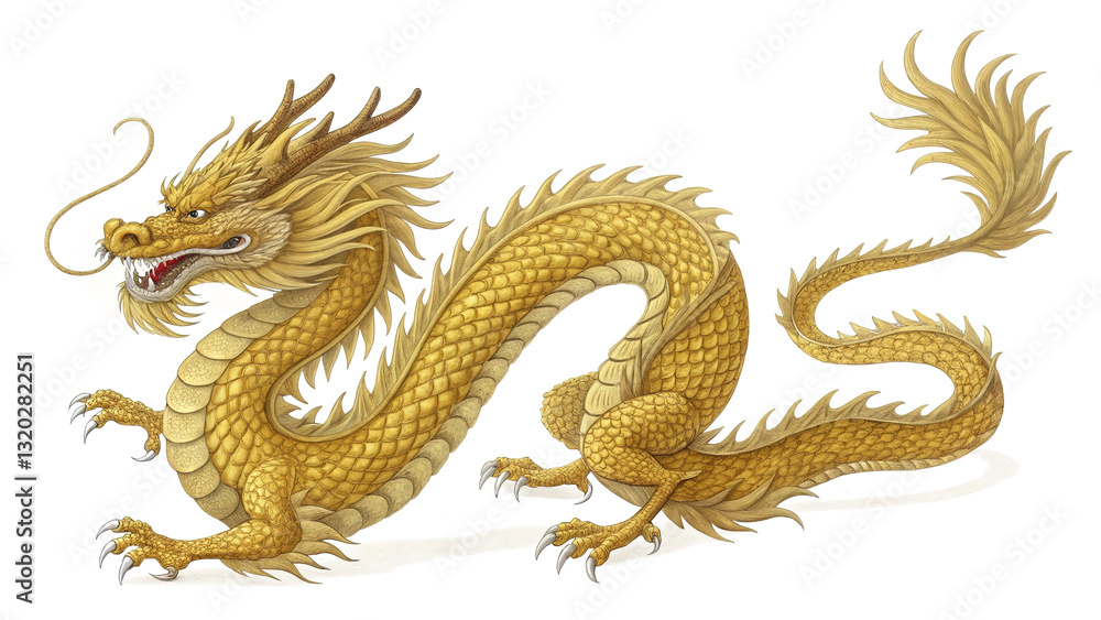 Obraz premium Regal gold dragon roaring, intricate scales and piercing eyes, isolated on a white background