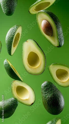 Wallpaper Mural Create an eye-catching advertising scene with avocados falling through the air against a vibrant green background, capturing flying avocado slices in mid-motion, healthy and natural products. Torontodigital.ca